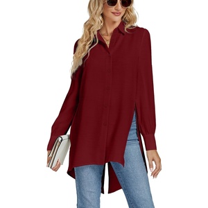 image:imageLYANER Womens Collar V Neck Split Hem Button Down Long Sleeve Long Shirt Blouse Tunic TopBurgundy