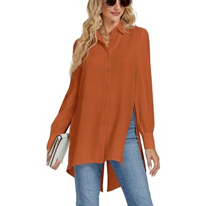 image:imageLYANER Womens Collar V Neck Split Hem Button Down Long Sleeve Long Shirt Blouse Tunic TopCaramel