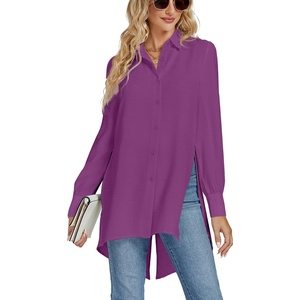 image:imageLYANER Womens Collar V Neck Split Hem Button Down Long Sleeve Long Shirt Blouse Tunic TopDeep Purple