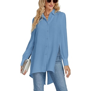 image:imageLYANER Womens Collar V Neck Split Hem Button Down Long Sleeve Long Shirt Blouse Tunic TopHaze Blue