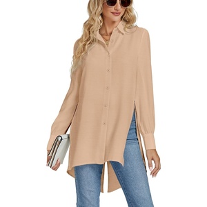image:imageLYANER Womens Collar V Neck Split Hem Button Down Long Sleeve Long Shirt Blouse Tunic TopKhaki