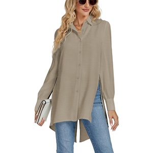 image:imageLYANER Womens Collar V Neck Split Hem Button Down Long Sleeve Long Shirt Blouse Tunic TopKhaki Brown