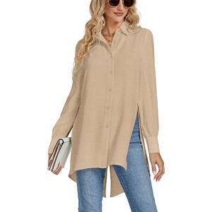 image:imageLYANER Womens Collar V Neck Split Hem Button Down Long Sleeve Long Shirt Blouse Tunic TopLight Coffee