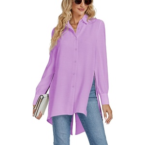 image:imageLYANER Womens Collar V Neck Split Hem Button Down Long Sleeve Long Shirt Blouse Tunic TopLight Purple