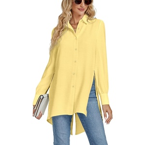 image:imageLYANER Womens Collar V Neck Split Hem Button Down Long Sleeve Long Shirt Blouse Tunic TopLight Yellow