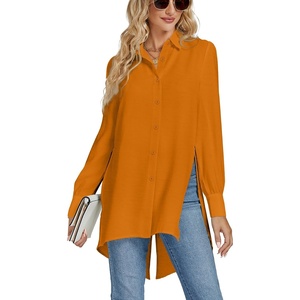 image:imageLYANER Womens Collar V Neck Split Hem Button Down Long Sleeve Long Shirt Blouse Tunic TopOrange