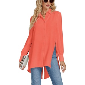 image:imageLYANER Womens Collar V Neck Split Hem Button Down Long Sleeve Long Shirt Blouse Tunic TopOrange Red