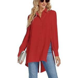 image:imageLYANER Womens Collar V Neck Split Hem Button Down Long Sleeve Long Shirt Blouse Tunic TopRed