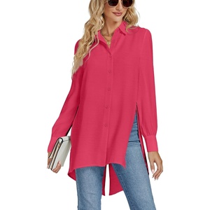 image:imageLYANER Womens Collar V Neck Split Hem Button Down Long Sleeve Long Shirt Blouse Tunic TopRose