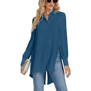 image:imageLYANER Womens Collar V Neck Split Hem Button Down Long Sleeve Long Shirt Blouse Tunic TopTeal