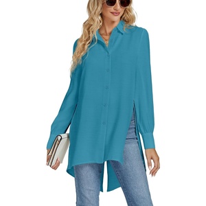 image:imageLYANER Womens Collar V Neck Split Hem Button Down Long Sleeve Long Shirt Blouse Tunic TopTurquoise