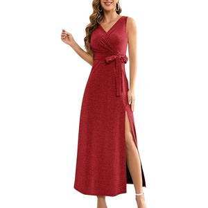 image:imageLYANER Womens Elegant Wrap V Neck Sparkly Glitter High Waist Belt Sleeveless Split Maxi Party DressRed