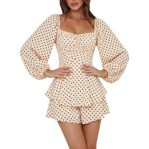 image:imageLYANER Womens Jumpsuit Lantern Long Sleeve Ruffle Layer Tie Mini Short RomperBlack Polka Dots