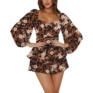 image:imageLYANER Womens Jumpsuit Lantern Long Sleeve Ruffle Layer Tie Mini Short RomperBlack Printed