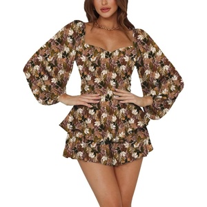 image:imageLYANER Womens Jumpsuit Lantern Long Sleeve Ruffle Layer Tie Mini Short RomperBrown Printed
