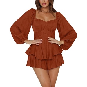 image:imageLYANER Womens Jumpsuit Lantern Long Sleeve Ruffle Layer Tie Mini Short RomperCaramel