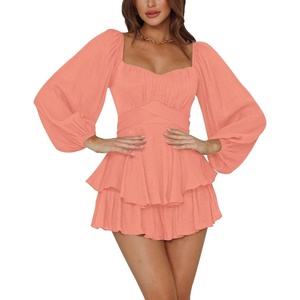 image:imageLYANER Womens Jumpsuit Lantern Long Sleeve Ruffle Layer Tie Mini Short RomperCoral Pink