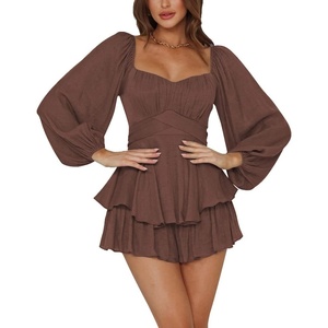 image:imageLYANER Womens Jumpsuit Lantern Long Sleeve Ruffle Layer Tie Mini Short RomperDark Brown