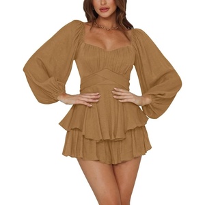 image:imageLYANER Womens Jumpsuit Lantern Long Sleeve Ruffle Layer Tie Mini Short RomperDark Khaki