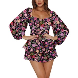 image:imageLYANER Womens Jumpsuit Lantern Long Sleeve Ruffle Layer Tie Mini Short RomperDark Pink Printed