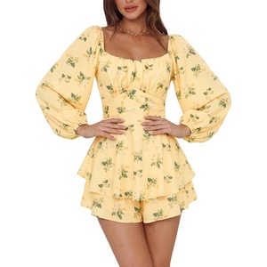 image:imageLYANER Womens Jumpsuit Lantern Long Sleeve Ruffle Layer Tie Mini Short RomperFlower Light Yellow