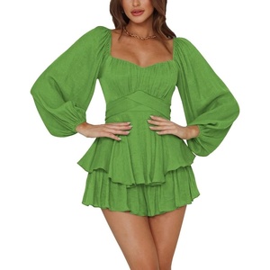image:imageLYANER Womens Jumpsuit Lantern Long Sleeve Ruffle Layer Tie Mini Short RomperGrass Green