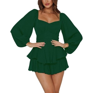 image:imageLYANER Womens Jumpsuit Lantern Long Sleeve Ruffle Layer Tie Mini Short RomperGreen