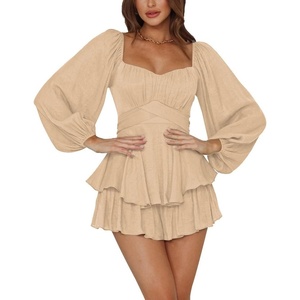 image:imageLYANER Womens Jumpsuit Lantern Long Sleeve Ruffle Layer Tie Mini Short RomperKhaki