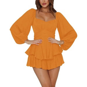 image:imageLYANER Womens Jumpsuit Lantern Long Sleeve Ruffle Layer Tie Mini Short RomperOrange