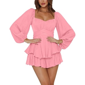 image:imageLYANER Womens Jumpsuit Lantern Long Sleeve Ruffle Layer Tie Mini Short RomperPink
