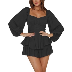 image:imageLYANER Womens Jumpsuit Lantern Long Sleeve Ruffle Layer Tie Mini Short RomperPure Black