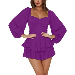 image:imageLYANER Womens Jumpsuit Lantern Long Sleeve Ruffle Layer Tie Mini Short RomperPurple