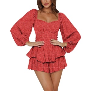 image:imageLYANER Womens Jumpsuit Lantern Long Sleeve Ruffle Layer Tie Mini Short RomperRed Printed