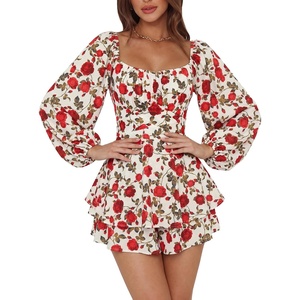 image:imageLYANER Womens Jumpsuit Lantern Long Sleeve Ruffle Layer Tie Mini Short RomperRose Print