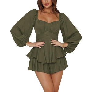 image:imageLYANER Womens Jumpsuit Lantern Long Sleeve Ruffle Layer Tie Mini Short RomperSolid Army Green