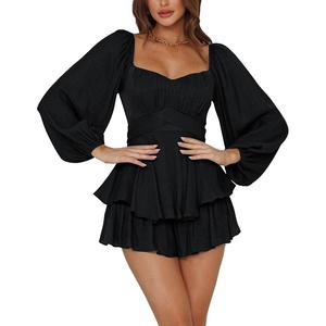 image:imageLYANER Womens Jumpsuit Lantern Long Sleeve Ruffle Layer Tie Mini Short RomperSolid Black