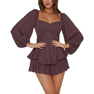 image:imageLYANER Womens Jumpsuit Lantern Long Sleeve Ruffle Layer Tie Mini Short RomperSolid Dark Brown