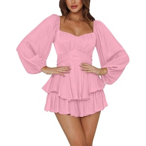image:imageLYANER Womens Jumpsuit Lantern Long Sleeve Ruffle Layer Tie Mini Short RomperSolid Pink