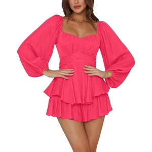 image:imageLYANER Womens Jumpsuit Lantern Long Sleeve Ruffle Layer Tie Mini Short RomperSolid Rose Red