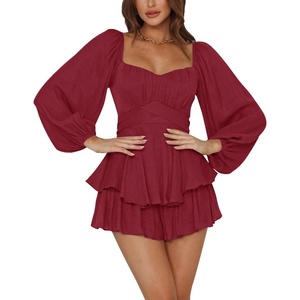 image:imageLYANER Womens Jumpsuit Lantern Long Sleeve Ruffle Layer Tie Mini Short RomperSolid Wine Red
