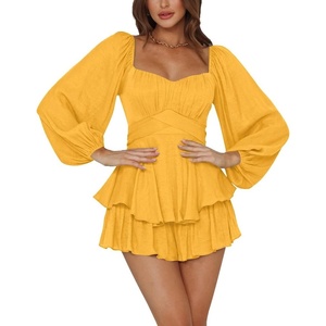 image:imageLYANER Womens Jumpsuit Lantern Long Sleeve Ruffle Layer Tie Mini Short RomperSolid Yellow