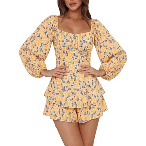 image:imageLYANER Womens Jumpsuit Lantern Long Sleeve Ruffle Layer Tie Mini Short RomperWatercolor Floral