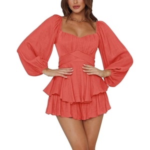image:imageLYANER Womens Jumpsuit Lantern Long Sleeve Ruffle Layer Tie Mini Short RomperWatermelon Red