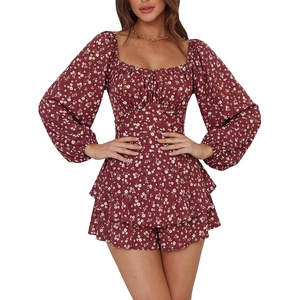 image:imageLYANER Womens Jumpsuit Lantern Long Sleeve Ruffle Layer Tie Mini Short RomperWhite Floral