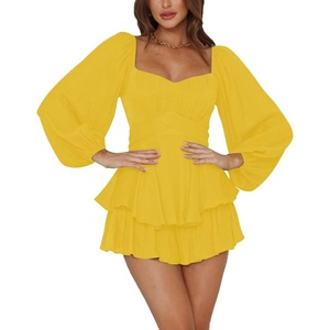 image:imageLYANER Womens Jumpsuit Lantern Long Sleeve Ruffle Layer Tie Mini Short RomperYellow