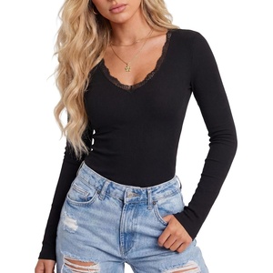 image:imageLYANER Womens Lace V Neck Long Sleeve Fitted Shirts Basic Ribbed Knit Tops Going Out Trendy TopBlack