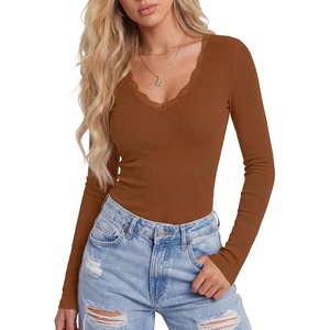 image:imageLYANER Womens Lace V Neck Long Sleeve Fitted Shirts Basic Ribbed Knit Tops Going Out Trendy TopCaramel