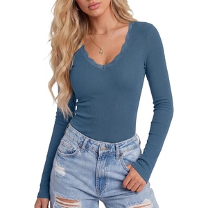 image:imageLYANER Womens Lace V Neck Long Sleeve Fitted Shirts Basic Ribbed Knit Tops Going Out Trendy TopDark Blue