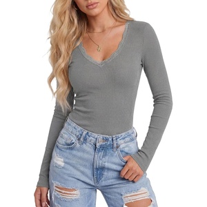 image:imageLYANER Womens Lace V Neck Long Sleeve Fitted Shirts Basic Ribbed Knit Tops Going Out Trendy TopLight Grey