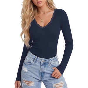 image:imageLYANER Womens Lace V Neck Long Sleeve Fitted Shirts Basic Ribbed Knit Tops Going Out Trendy TopNavy Blue